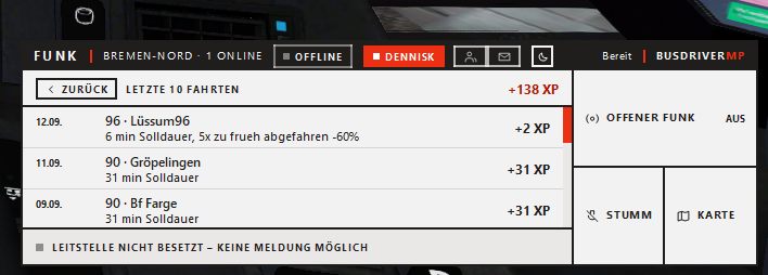 Die letzten zehn Fahrten mit Solldauer und Begründung. Zu frühes Abfahren zieht sichtbar ab — hier −60 % auf eine Fahrt.
