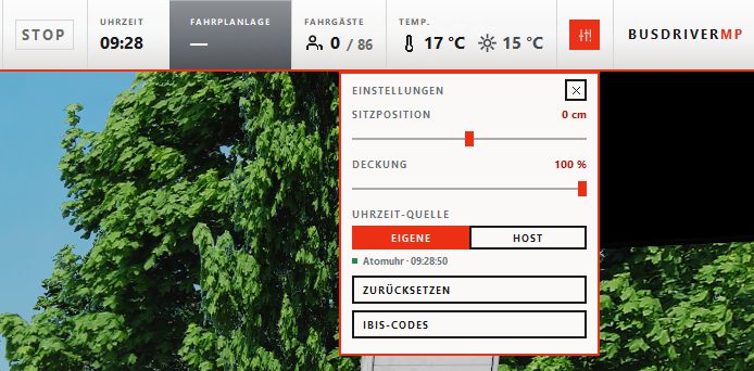 Die Einstellungen: Sitzposition, Deckung, Uhrzeit-Quelle, Zurücksetzen und IBIS-Codes.